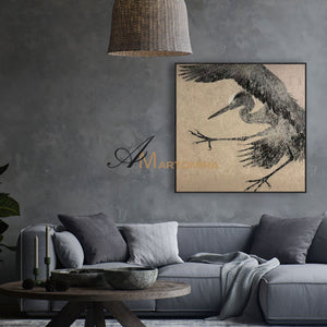 Bird Painting | Crane Painting | Canvas Wall Art For Living Room | Black And Brown Wall Art #MF073