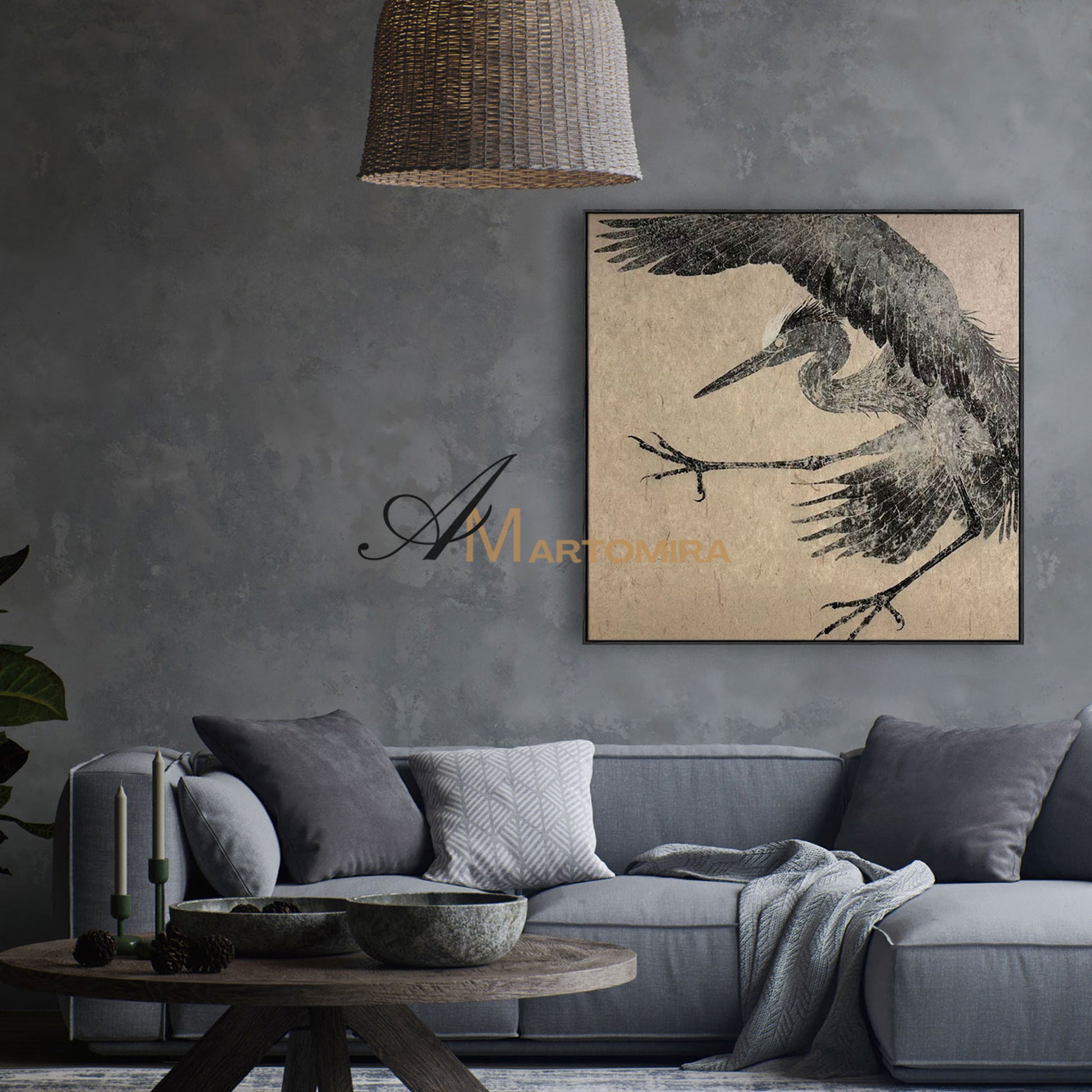 Bird Painting | Crane Painting | Canvas Wall Art For Living Room | Black And Brown Wall Art #MF073