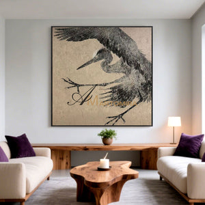 Bird Painting | Crane Painting | Canvas Wall Art For Living Room | Black And Brown Wall Art #MF073