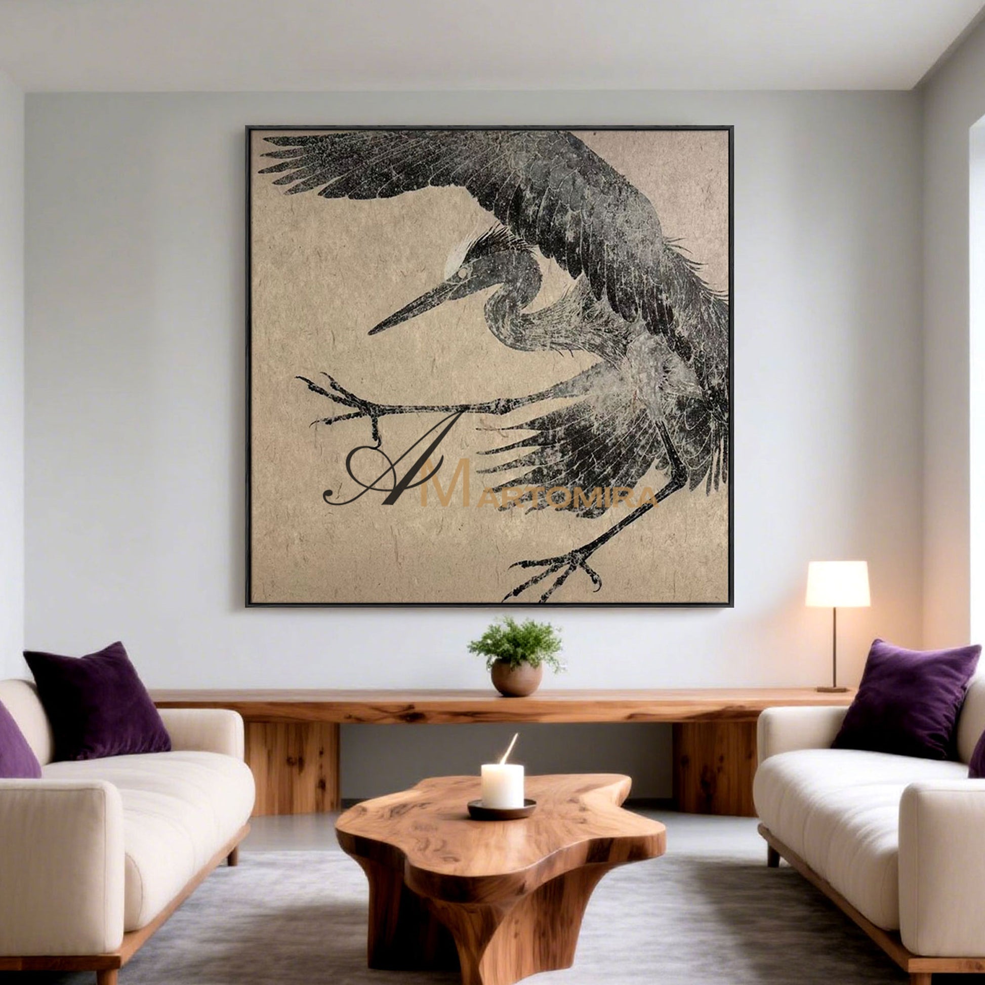 Bird Painting | Crane Painting | Canvas Wall Art For Living Room | Black And Brown Wall Art #MF073
