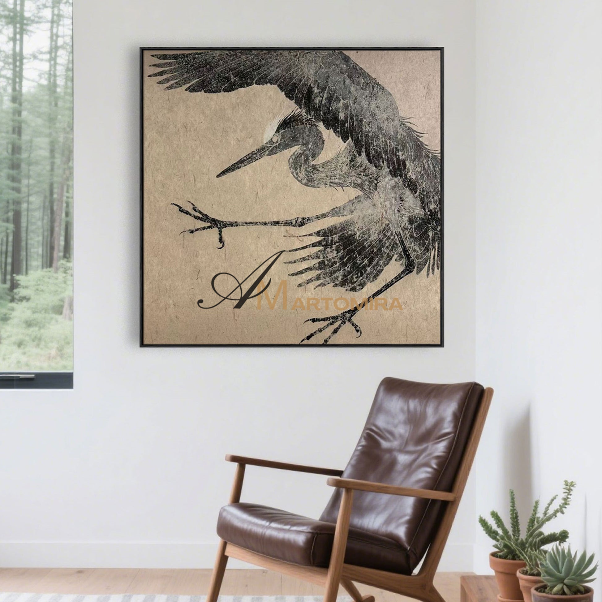 Bird Painting | Crane Painting | Canvas Wall Art For Living Room | Black And Brown Wall Art #MF073