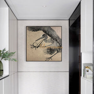 Bird Painting | Crane Painting | Canvas Wall Art For Living Room | Black And Brown Wall Art #MF073