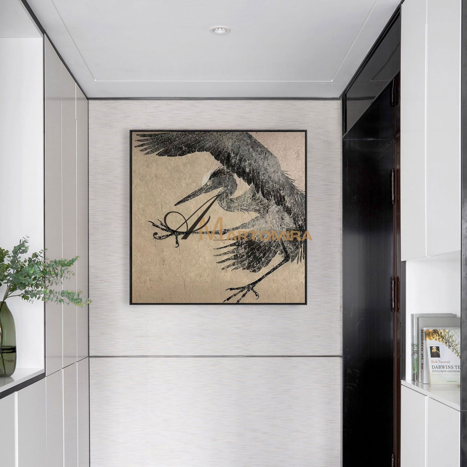 Bird Painting | Crane Painting | Canvas Wall Art For Living Room | Black And Brown Wall Art #MF073
