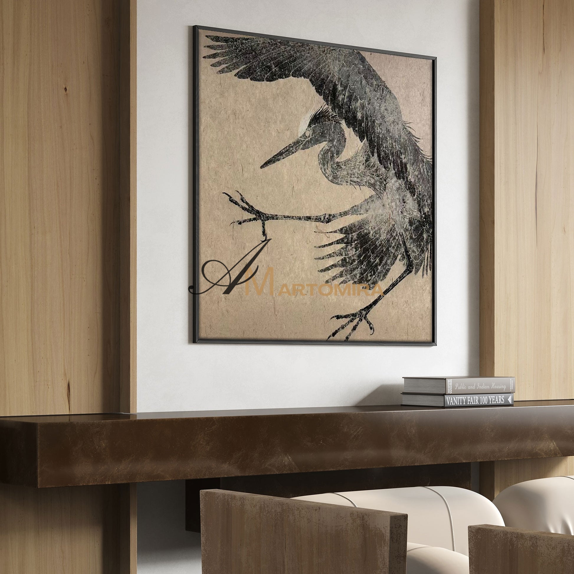 Bird Painting | Crane Painting | Canvas Wall Art For Living Room | Black And Brown Wall Art #MF073