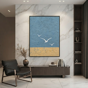 Abstract Blue Beige Vertical Textured Acrylic-Style Ocean And Sky Wall Art For Living Room