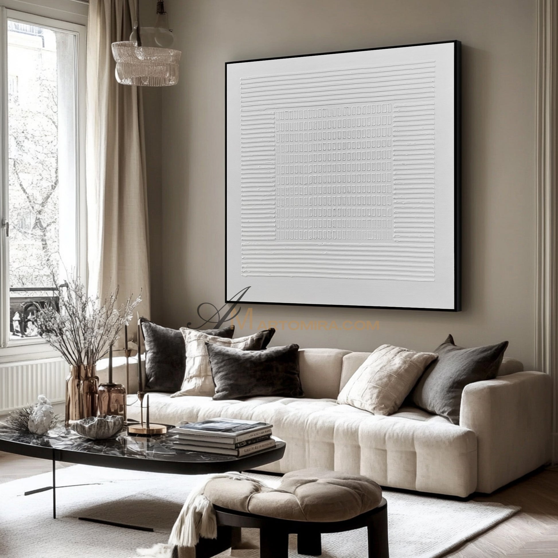 Wabi-Sabi Minimalist White Textured Painting | Modern Geometric Line Canvas | Serene Abstract Wall Art | Minimal Home Decor