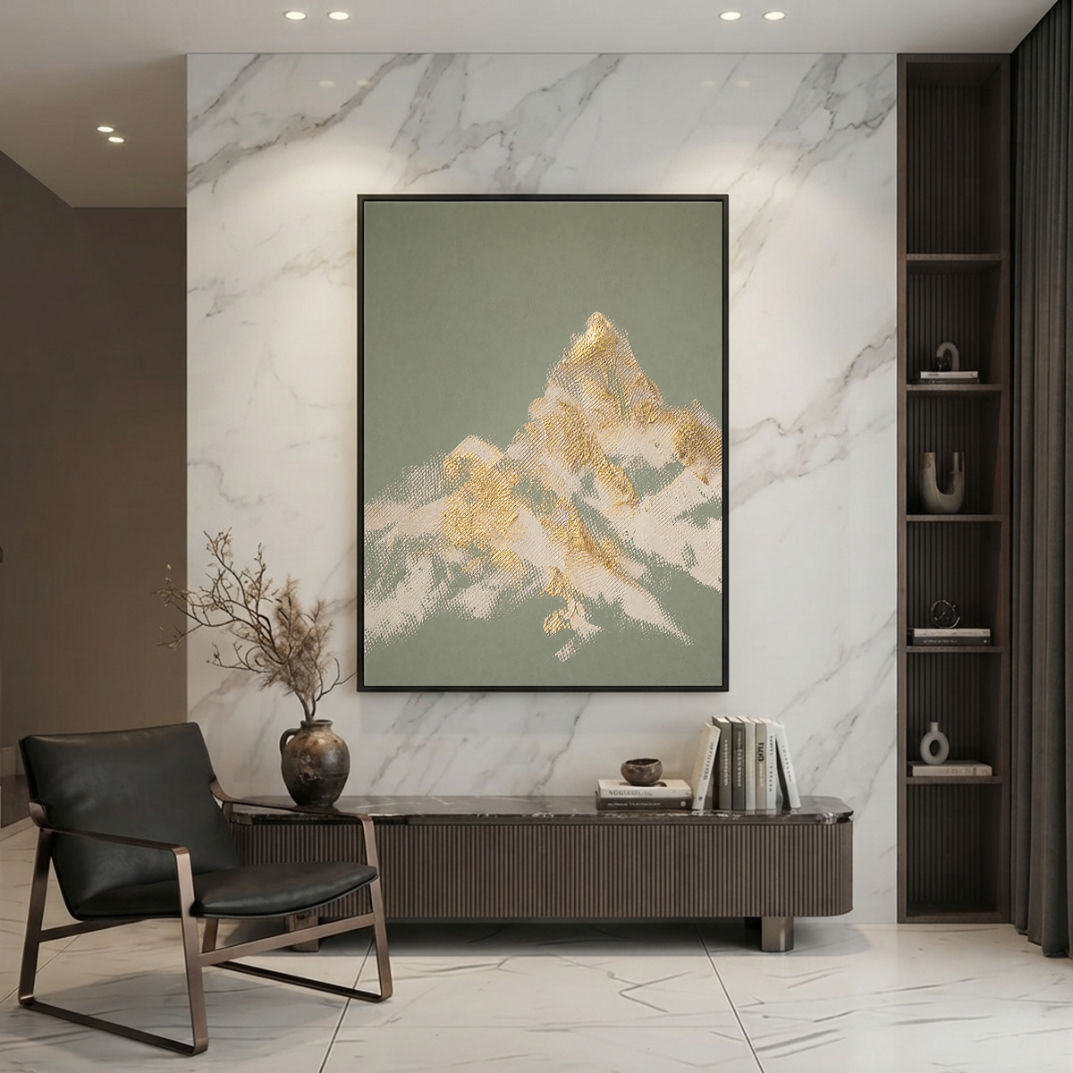 Abstract Textured Sage Green Gold Beige Landscape Vertical Wall Art for Living Room