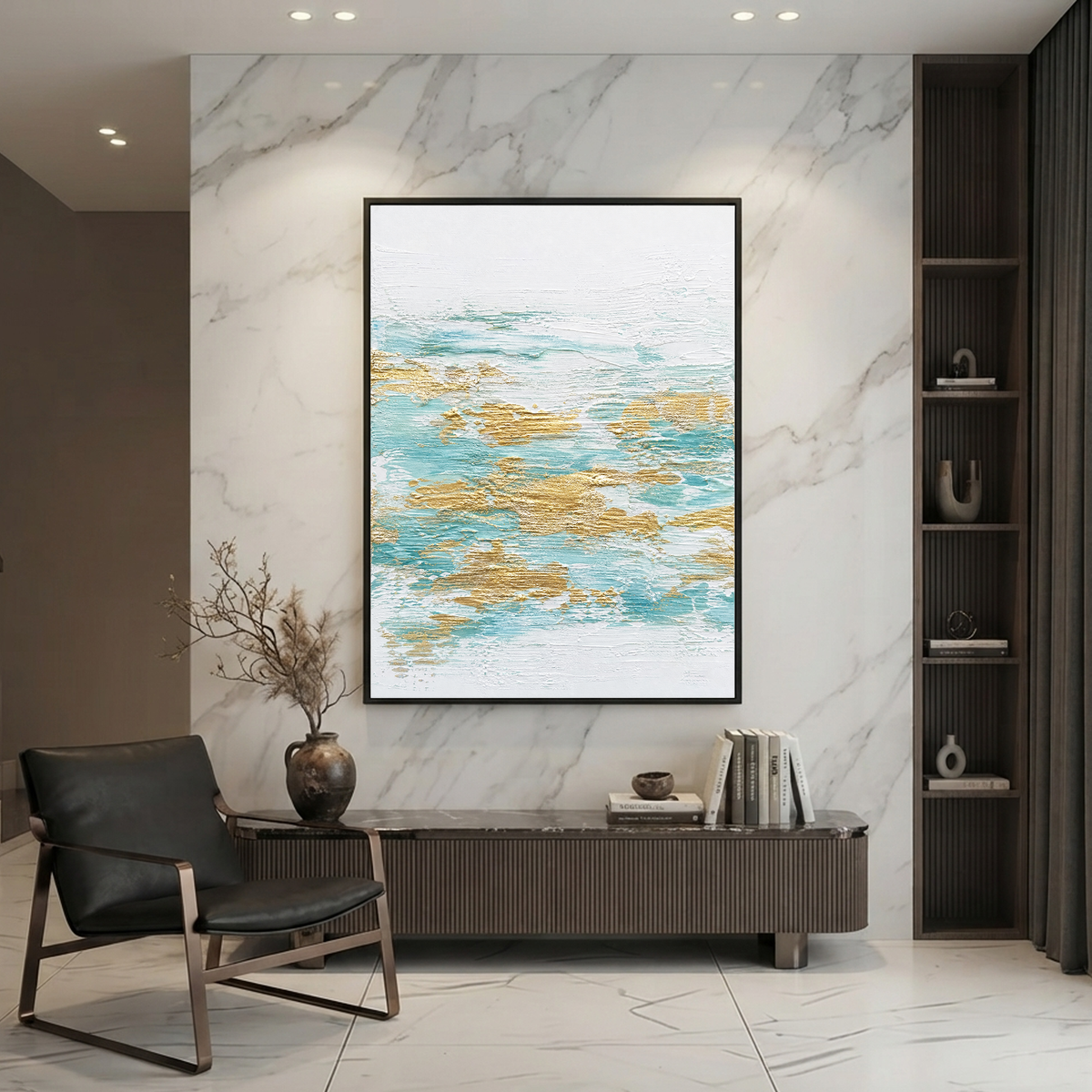 Abstract Turquoise White Gold Textured Contemporary Vertical Wall Art for Living Room