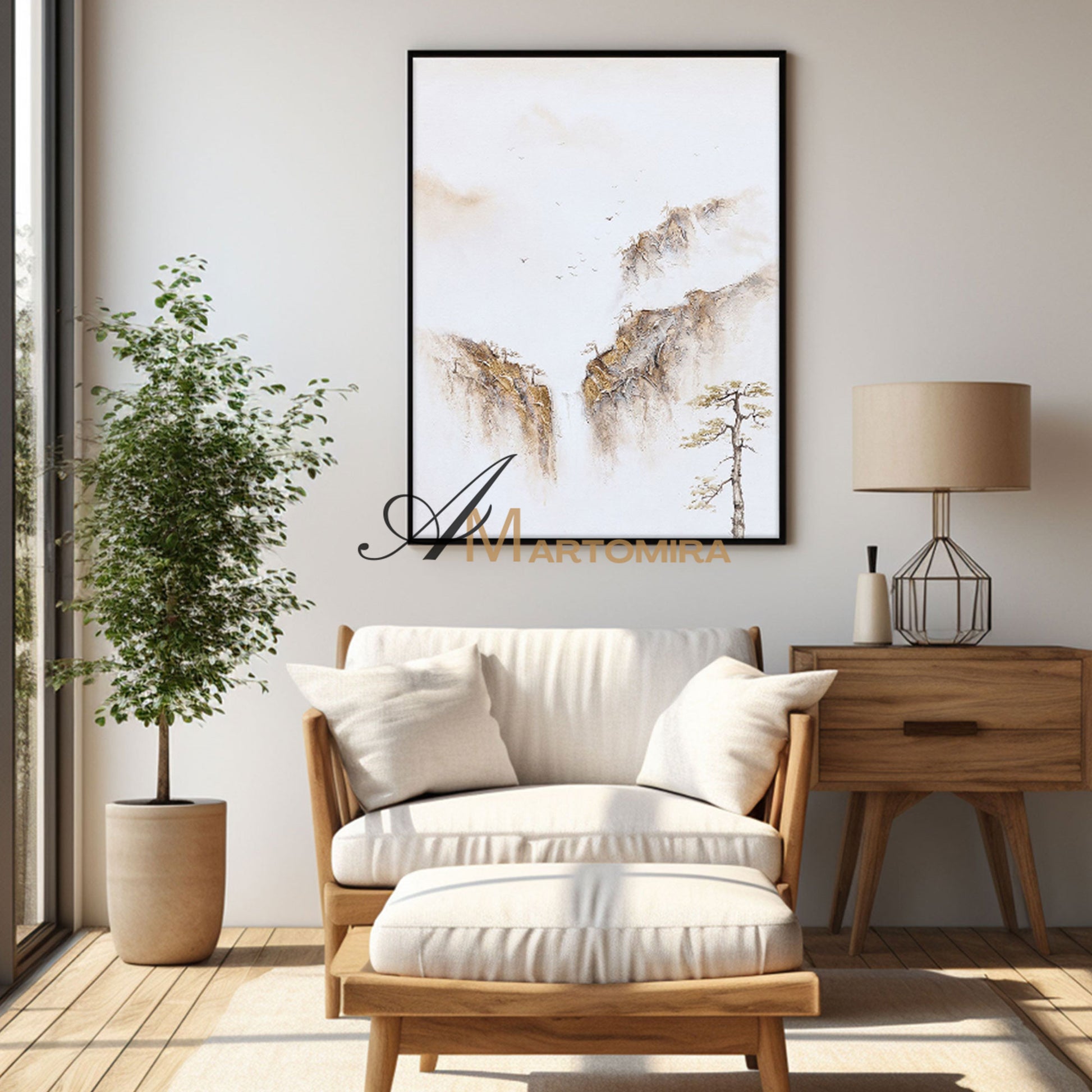 Painting Of The Mountains | Gold White Wall Art | Minimalist Abstract Art | Wabi Sabi Art #DF008