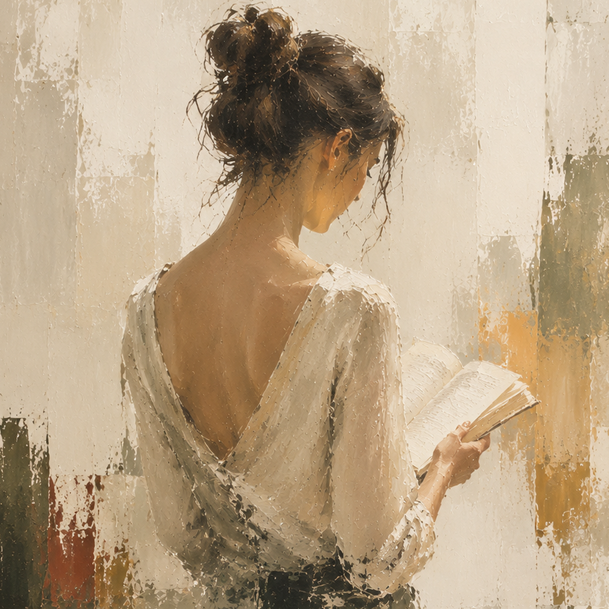 Serene Reader: Abstract Figurative Painting close-up showing texture and detail