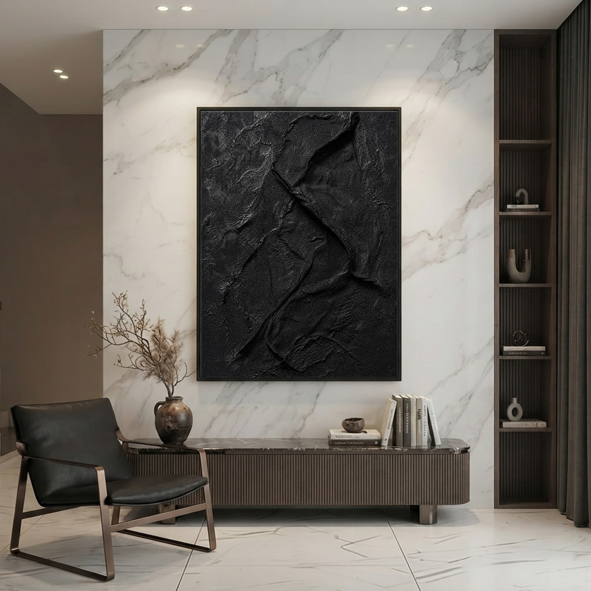 Abstract Black Textured 3D Relief Vertical Wall Art for Living Room