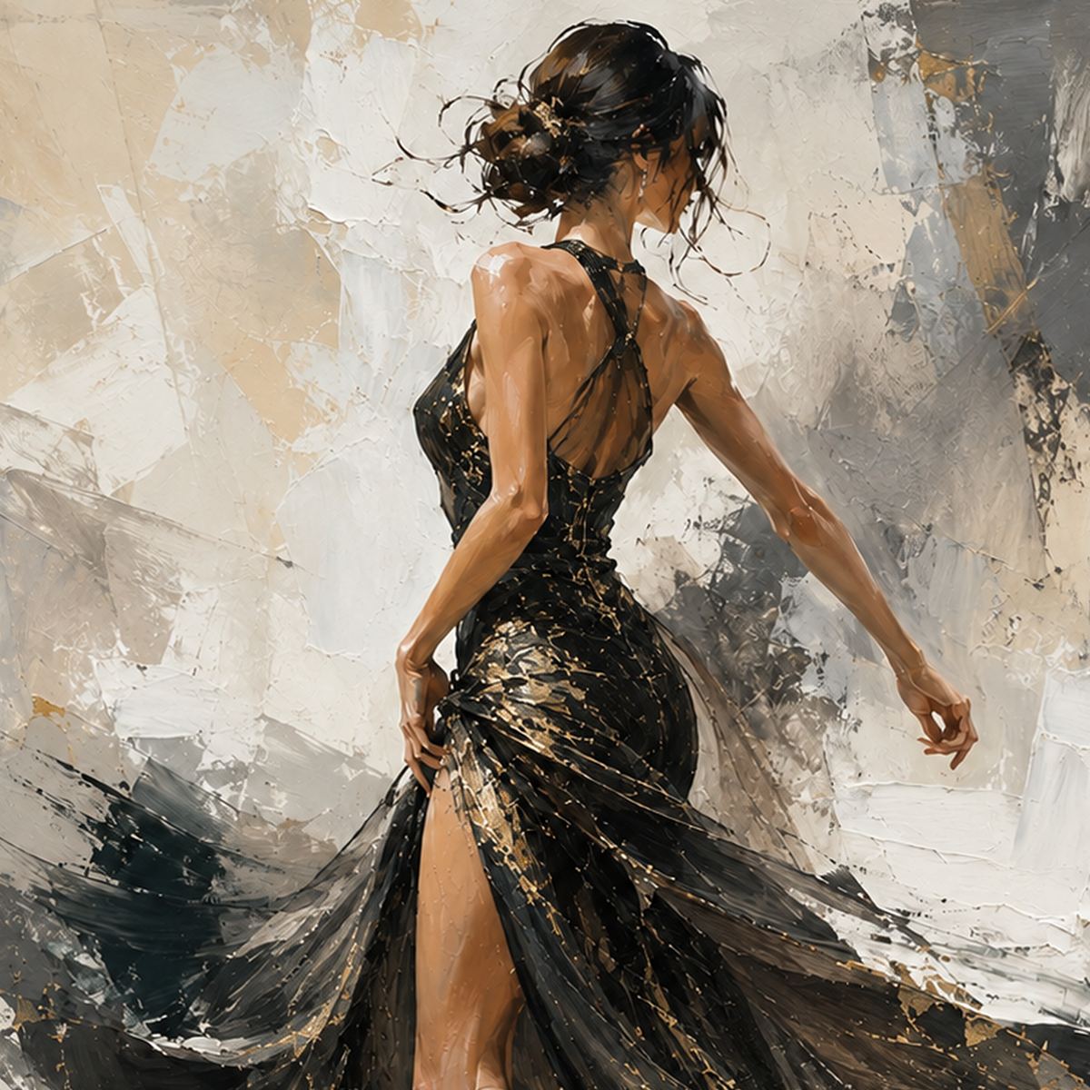 Elegant Female Figure Wall Art, Black Gold Evening Dress Red High Heels, Abstract Textured Background Modern Portrait Artwork, Chic Decor for Living Room Bedroom Dining Room Office Hallway