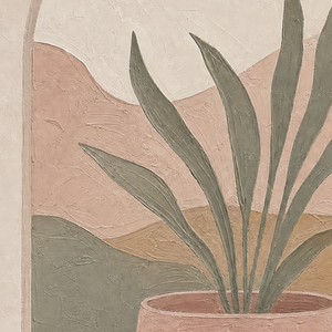 Boho Minimalist Abstract Potted Plant Landscape Textured Wall Art - Soft Beige Pink Sage Green Warm Brown Framed Canvas for Modern Home Decor, Large Size Neutral Earth Tone Botanical Mountain Artwork for Living Room Bedroom Dining Room Office Hallway
