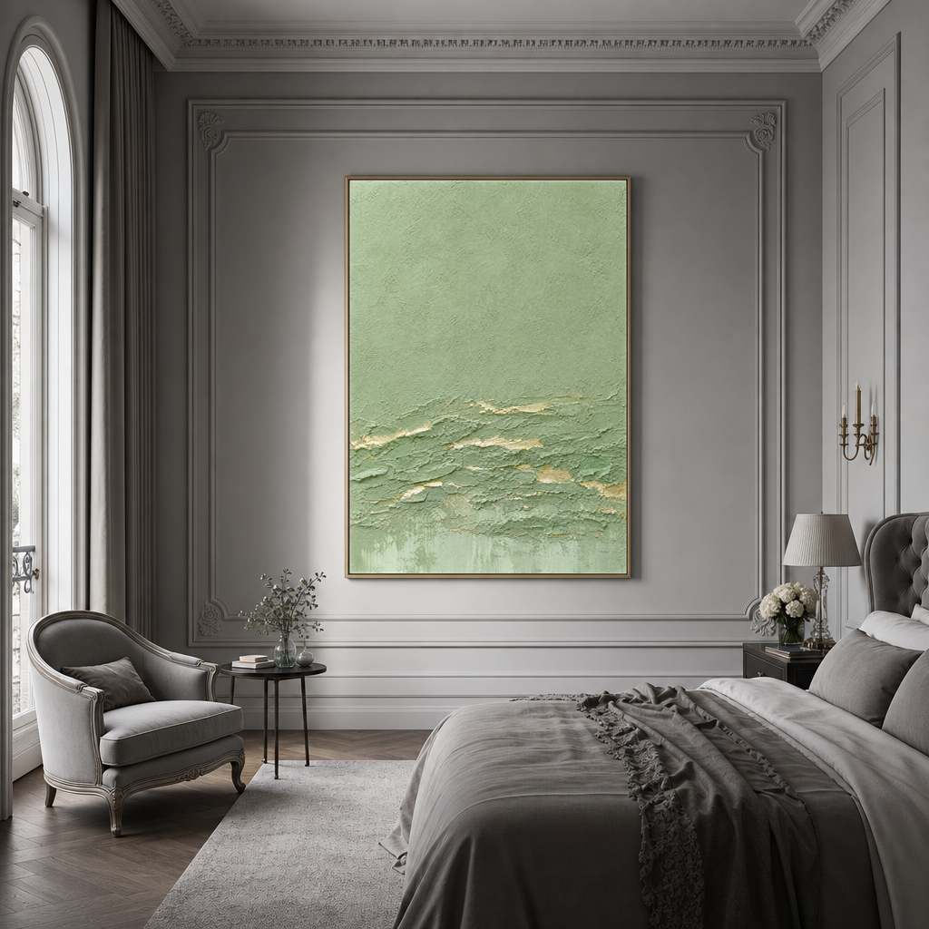 Textured Abstract Sage Green and Gold Plaster Texture Vertical Wall Art for Living Room