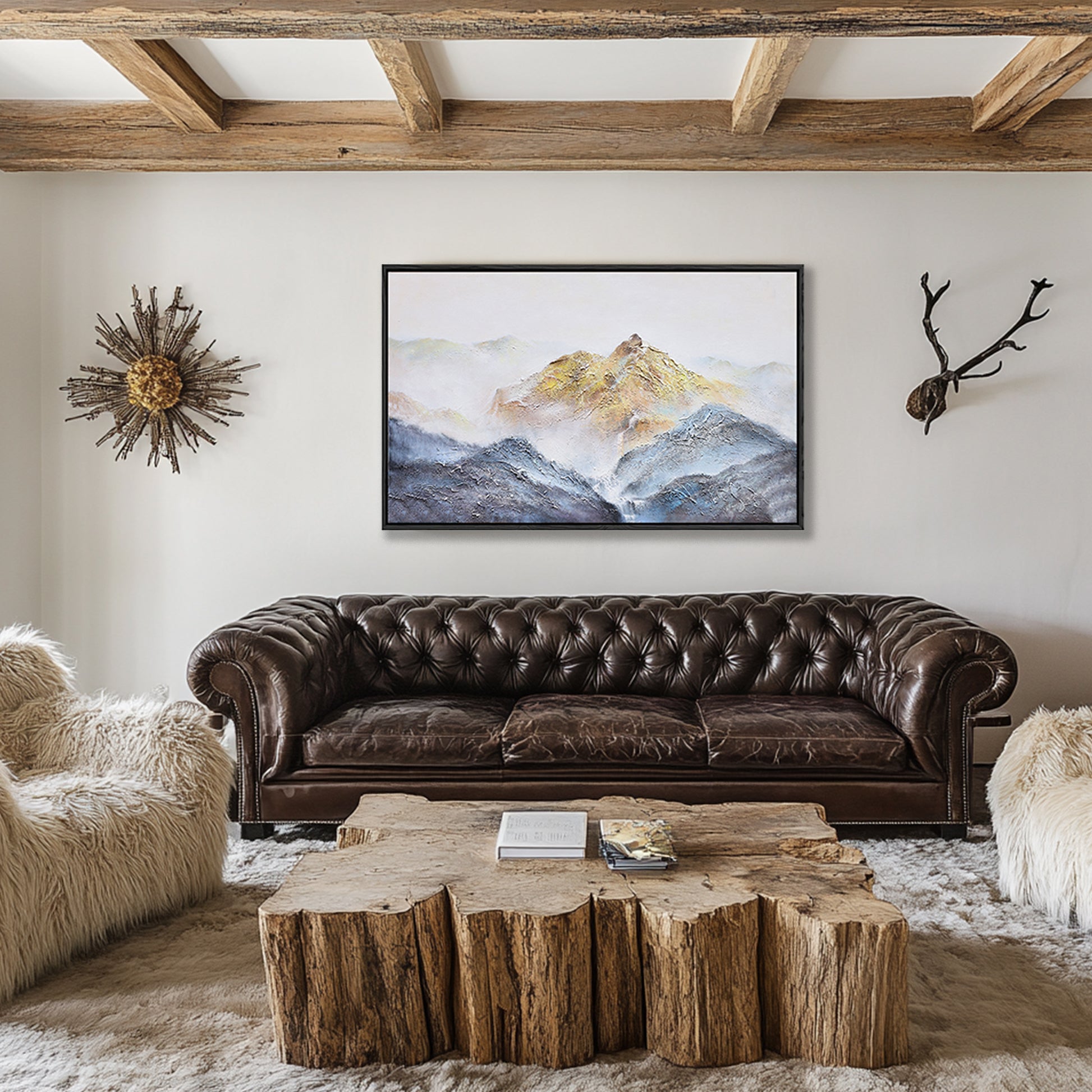 Abstract Landscape Art | Blue And Gold Wall Art | Mountains Painting | Paintings For Living Room #DF014