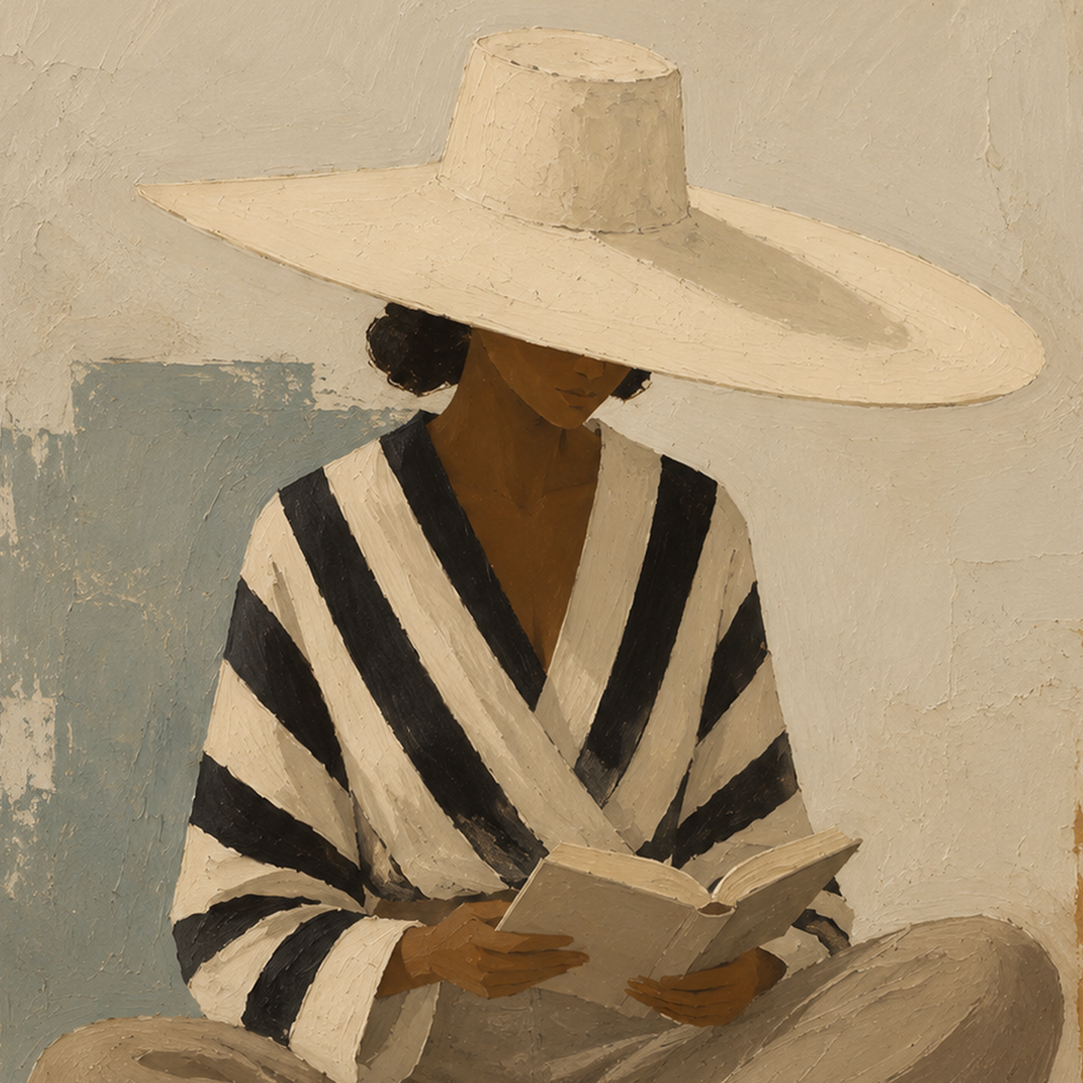 Close-up of Seated Serenity: Reading Woman with Wide-Brim Hat showcasing brushstrokes