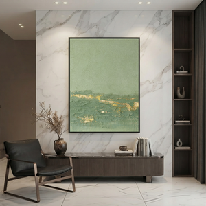 Textured Abstract Sage Green And Gold Vertical Acrylic-Style Wall Art For Living Room
