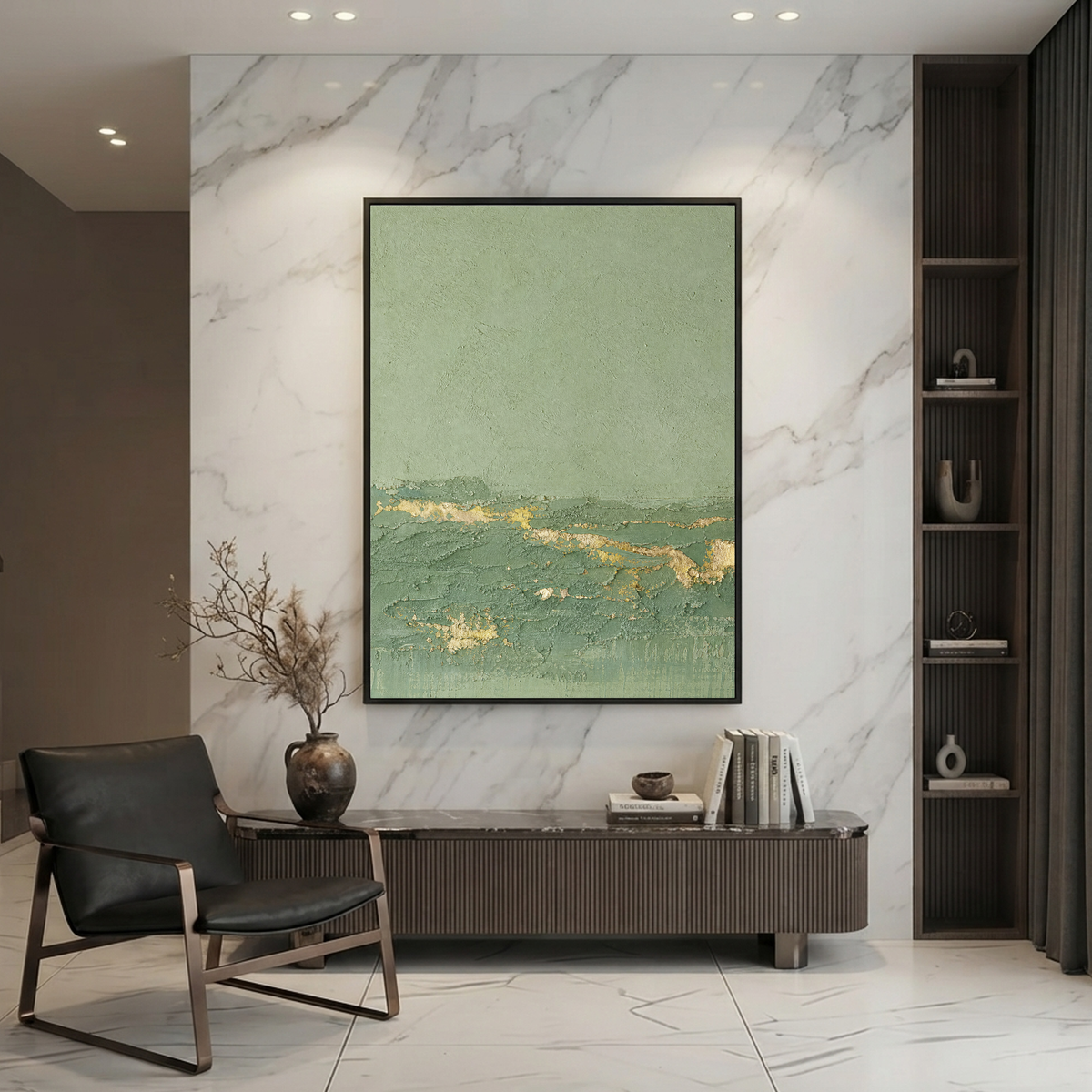 Textured Abstract Sage Green And Gold Vertical Acrylic-Style Wall Art For Living Room