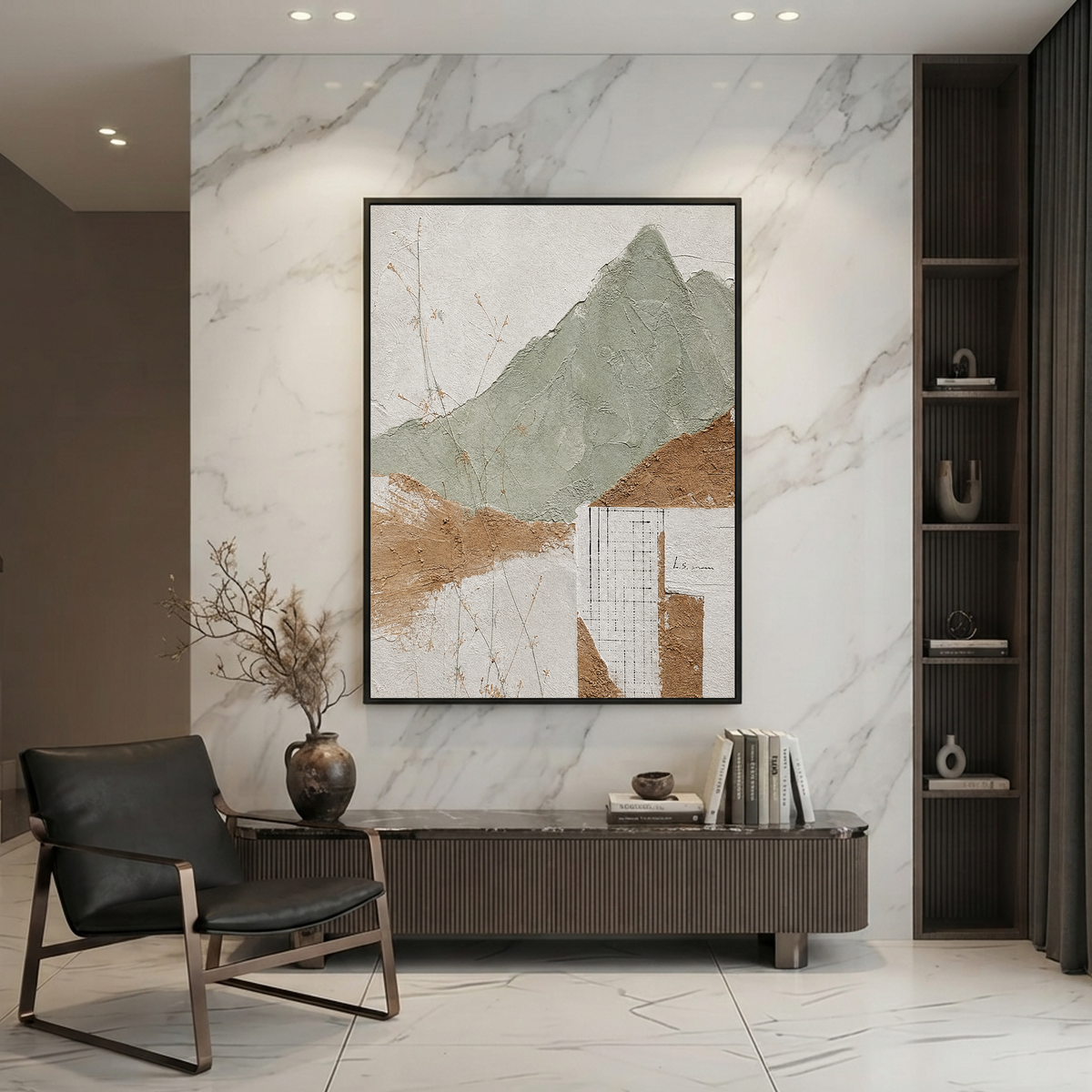 Abstract Sage Green Terracotta Off White Textured Acrylic-style Vertical Landscape Wall Art for Living Room