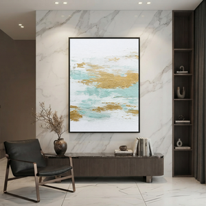 Textured Abstract White Gold Light Teal Vertical Acrylic-Style Wall Art for Living Room