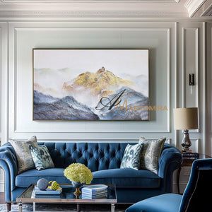 Abstract Landscape Art | Blue And Gold Wall Art | Mountains Painting | Paintings For Living Room #DF014