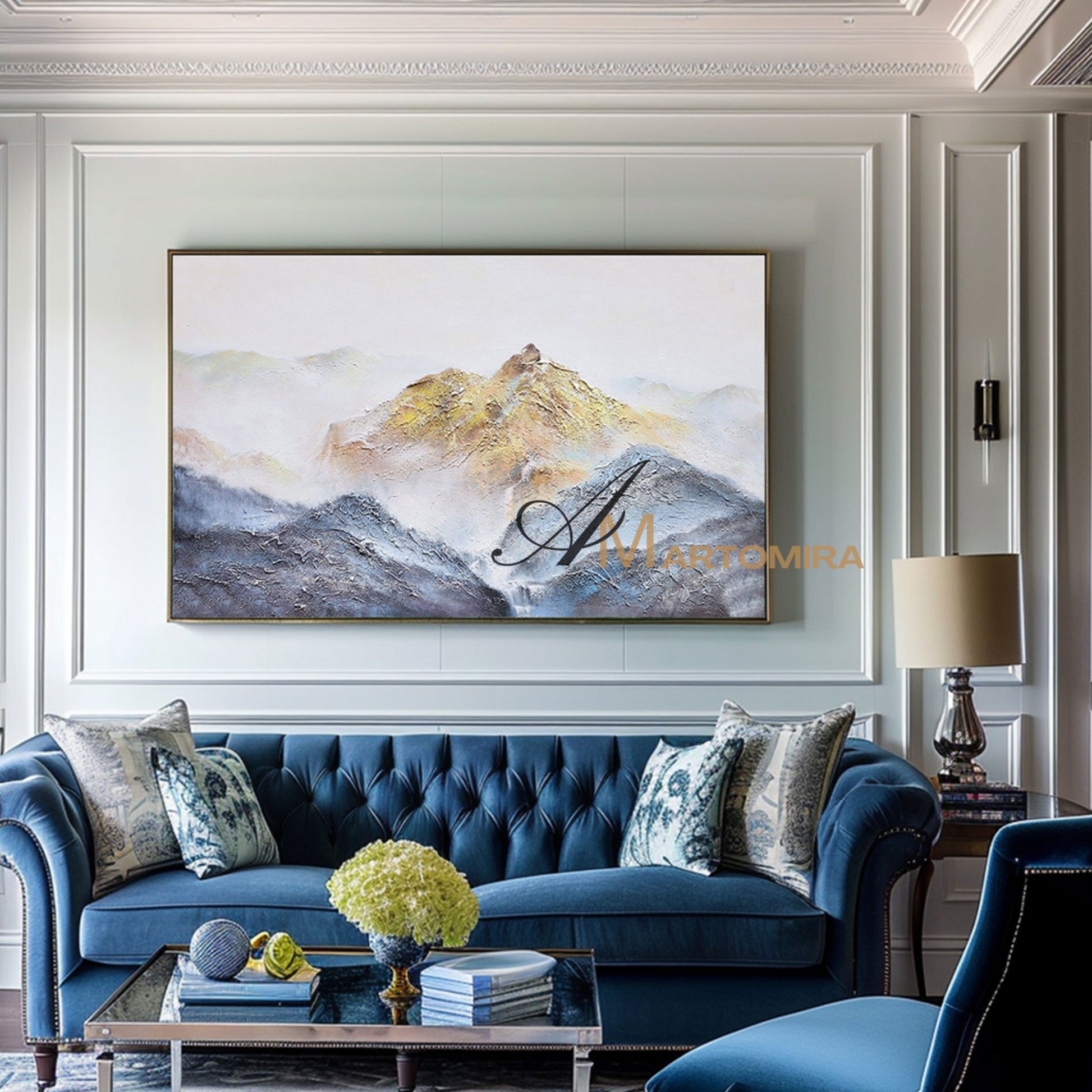 Abstract Landscape Art | Blue And Gold Wall Art | Mountains Painting | Paintings For Living Room #DF014