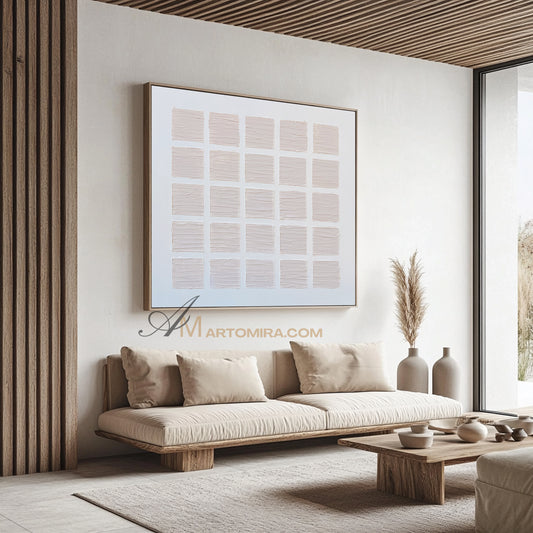 Wabi-Sabi Minimalist Light Beige Textured Grid Painting | Modern Geometric Square Canvas | Soft Abstract Wall Art | Minimal Home Decor