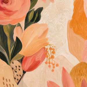 Warm Abstract Floral Wall Art with Peonies Tulips & Geometric Shapes Soft Pink Beige Orange Green Botanical Print for Modern Home Decor