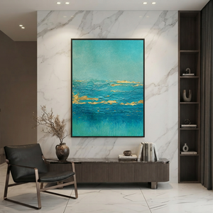 Teal Turquoise Gold Abstract Textured Acrylic Style Vertical Wall Art for Living Room