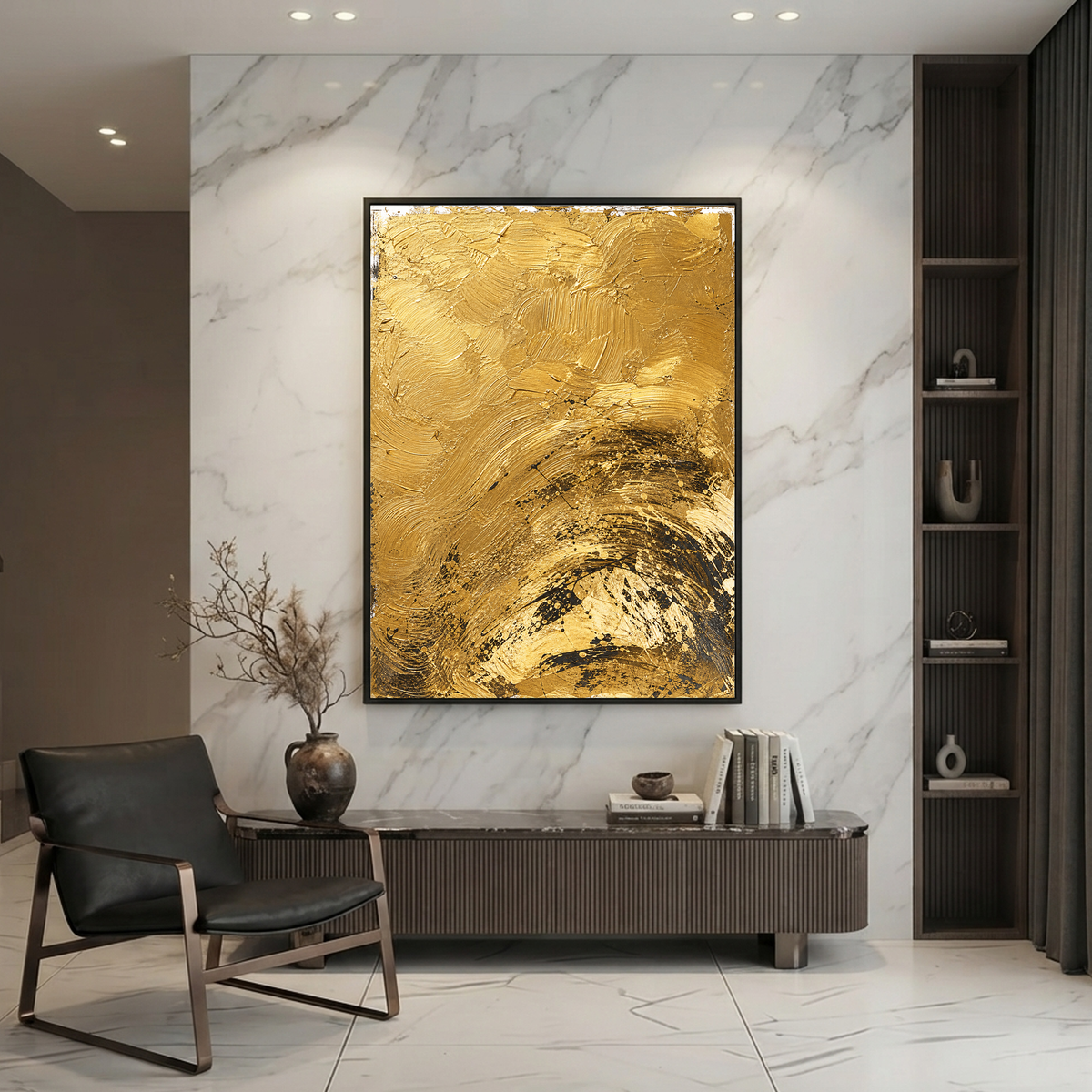 Abstract Gold and Black Textured Acrylic-Style Vertical Wall Art for Living Room