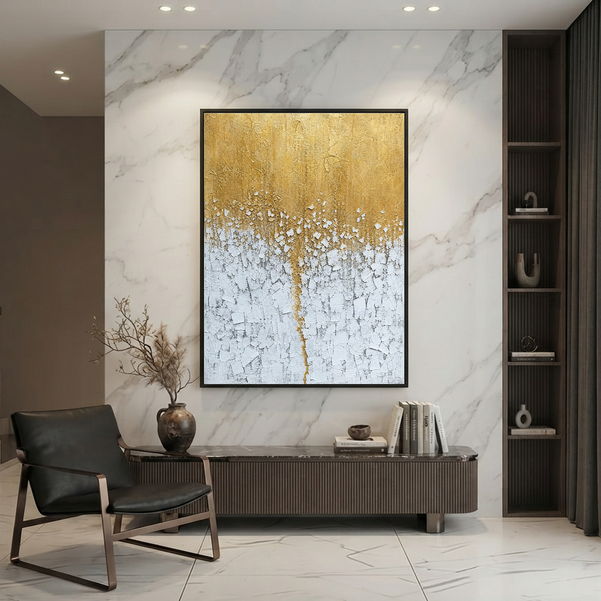 Gold And White Textured Abstract Vertical Wall Art For Living Room