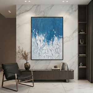 Abstract Geometry And Lines Blue White Textured Plaster-Style Vertical Wall Art For Living Room