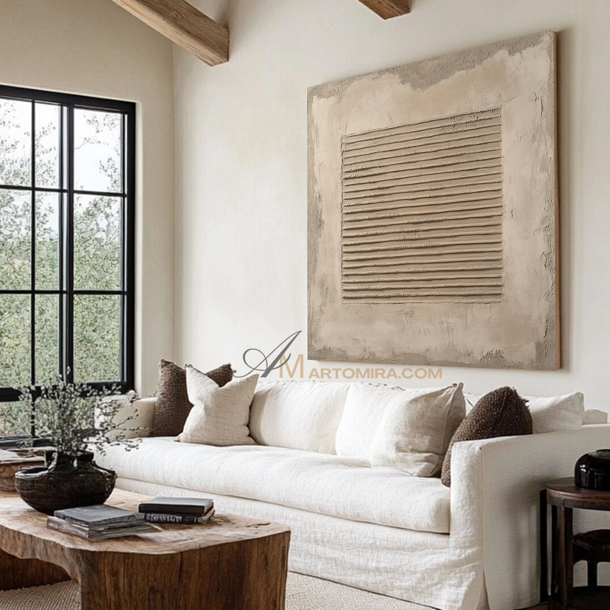 Wabi-Sabi Minimalist Beige Textured Striped Painting | Modern Geometric Line Canvas | Rustic Abstract Wall Art | Minimal Home Decor