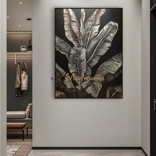Canvas Wall Decor | Banana Leaf Painting| Black And Grey Wall Art | Plant Wall Art #SH007