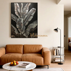 Canvas Wall Decor | Banana Leaf Painting| Black And Grey Wall Art | Plant Wall Art #SH007
