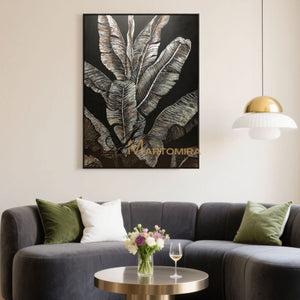 Canvas Wall Decor | Banana Leaf Painting| Black And Grey Wall Art | Plant Wall Art #SH007