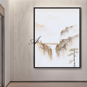 Painting Of The Mountains | Gold White Wall Art | Minimalist Abstract Art | Wabi Sabi Art #DF008