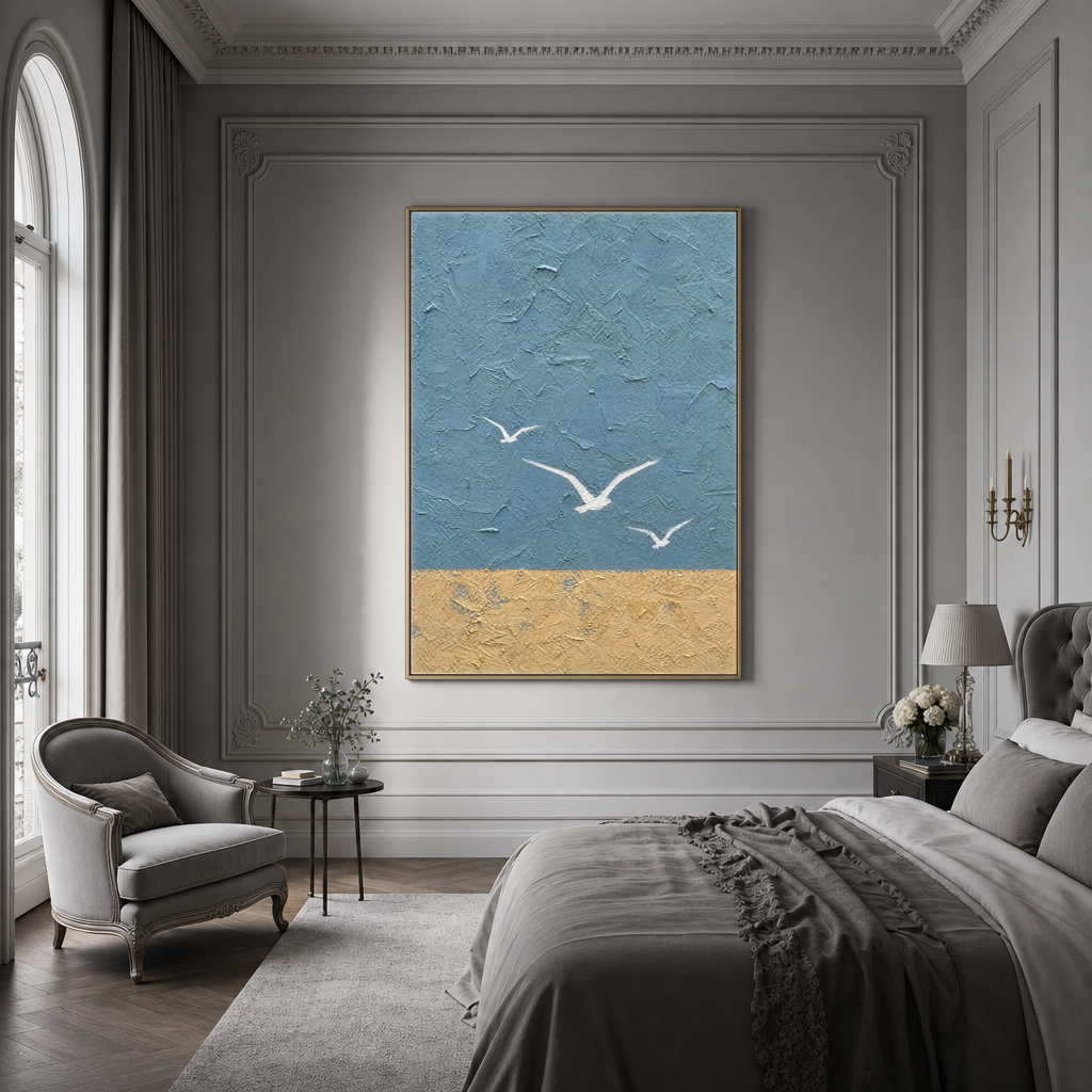 Abstract Blue Beige Vertical Textured Acrylic-Style Ocean And Sky Wall Art For Living Room