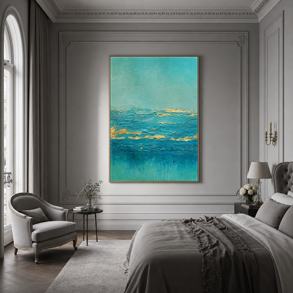 Teal Turquoise Gold Abstract Textured Acrylic Style Vertical Wall Art for Living Room