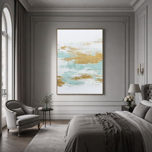 Textured Abstract White Gold Light Teal Vertical Acrylic-Style Wall Art for Living Room