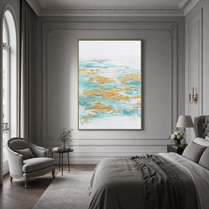 Abstract Turquoise White Gold Textured Contemporary Vertical Wall Art for Living Room
