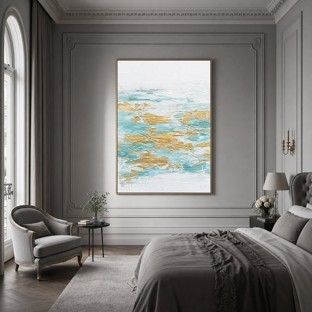 Abstract Turquoise White Gold Textured Contemporary Vertical Wall Art for Living Room