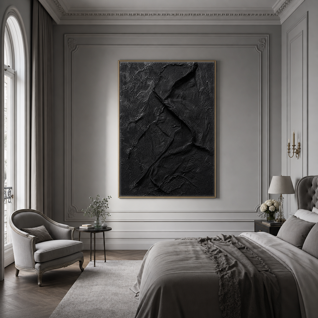 Abstract Black Textured 3D Relief Vertical Wall Art for Living Room