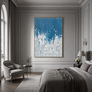 Abstract Geometry And Lines Blue White Textured Plaster-Style Vertical Wall Art For Living Room