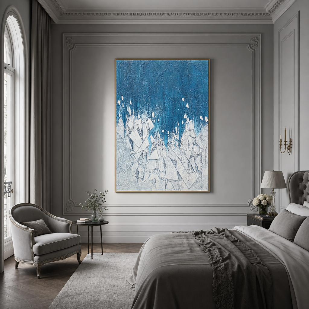 Abstract Geometry And Lines Blue White Textured Plaster-Style Vertical Wall Art For Living Room