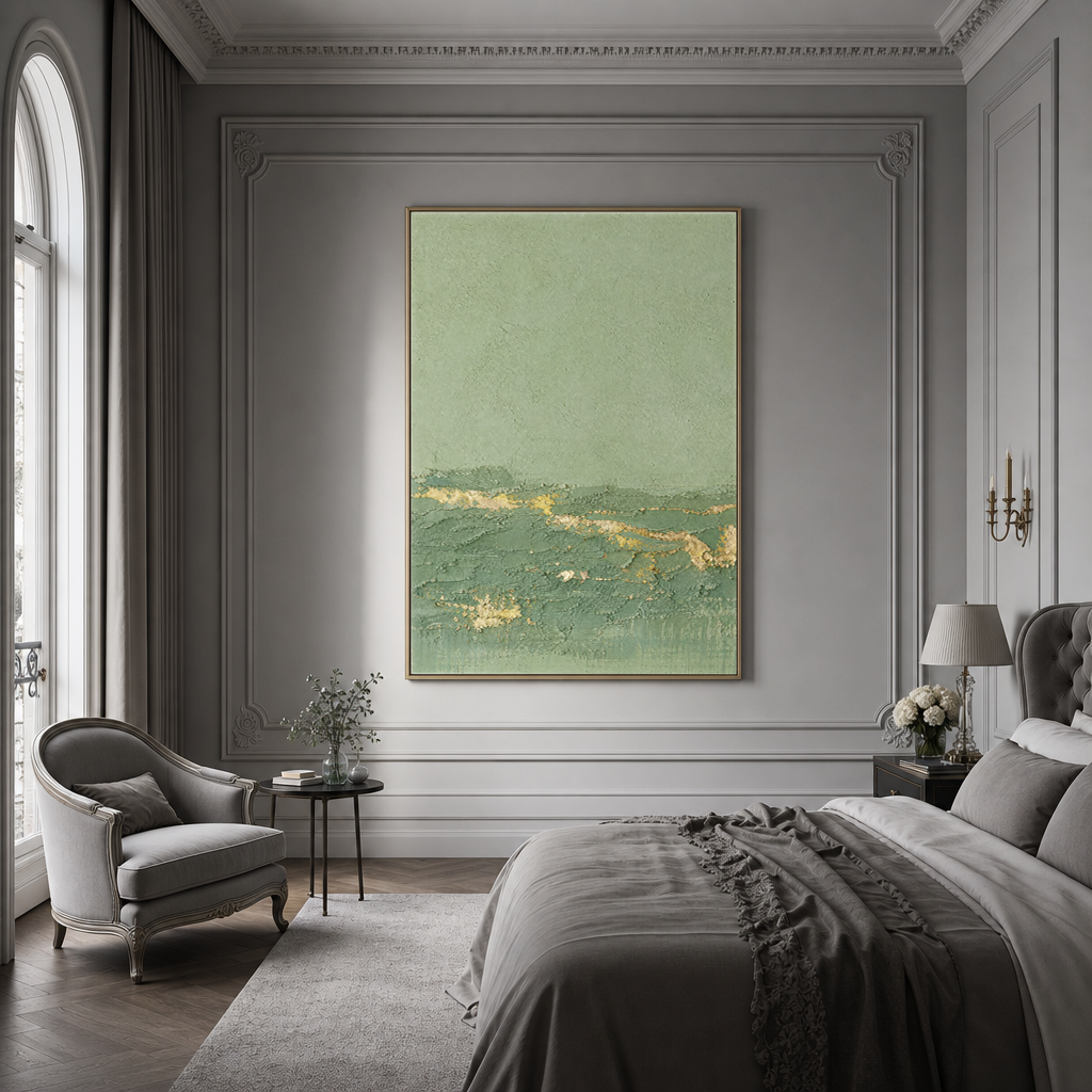 Textured Abstract Sage Green And Gold Vertical Acrylic-Style Wall Art For Living Room