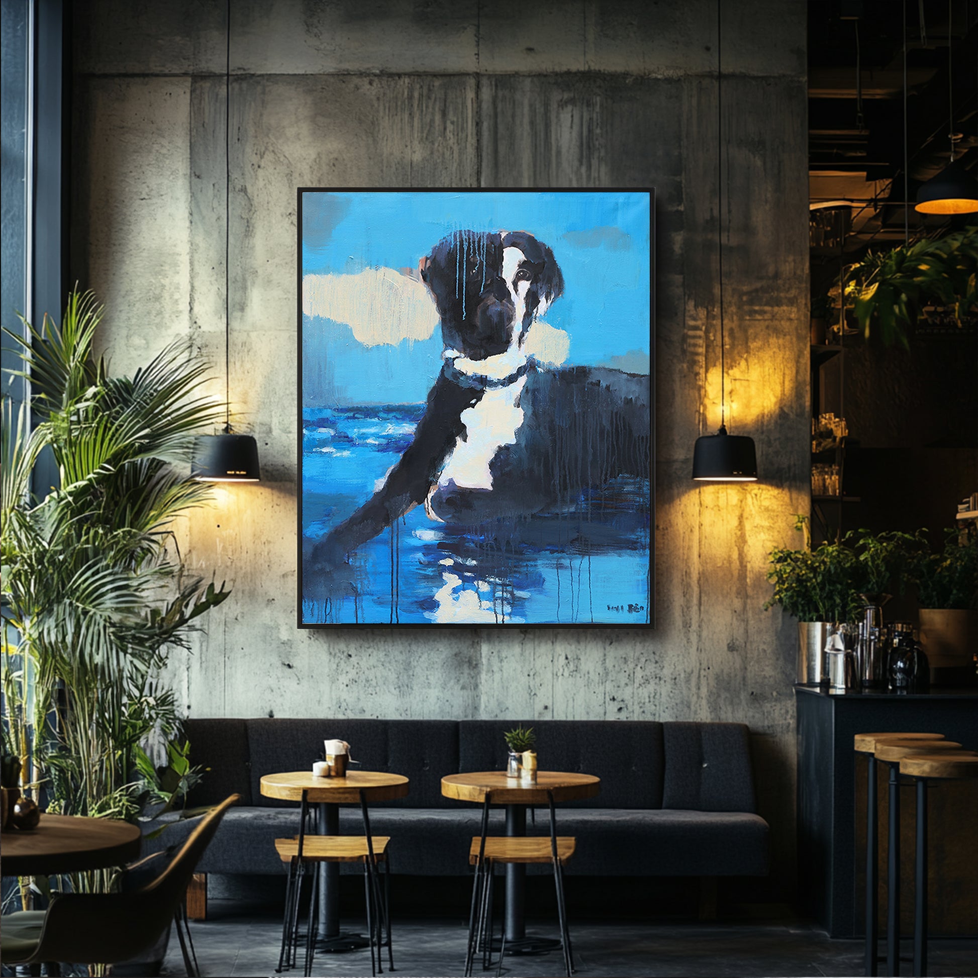 Animal Wall Art | Blue And Black Wall Art | Dog On Painting | Modern Abstract Art #DF040
