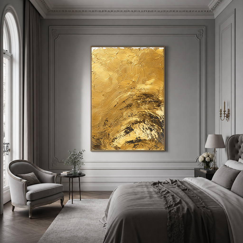 Abstract Gold and Black Textured Acrylic-Style Vertical Wall Art for Living Room