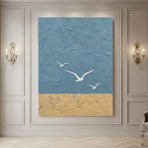 Abstract Blue Beige Vertical Textured Acrylic-Style Ocean And Sky Wall Art For Living Room