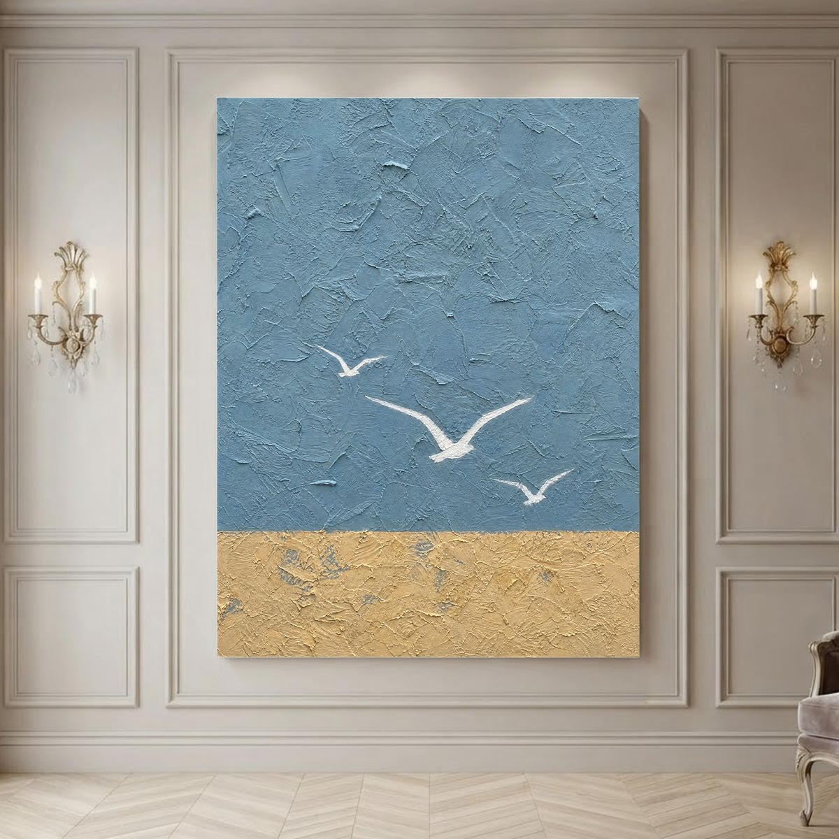 Abstract Blue Beige Vertical Textured Acrylic-Style Ocean And Sky Wall Art For Living Room